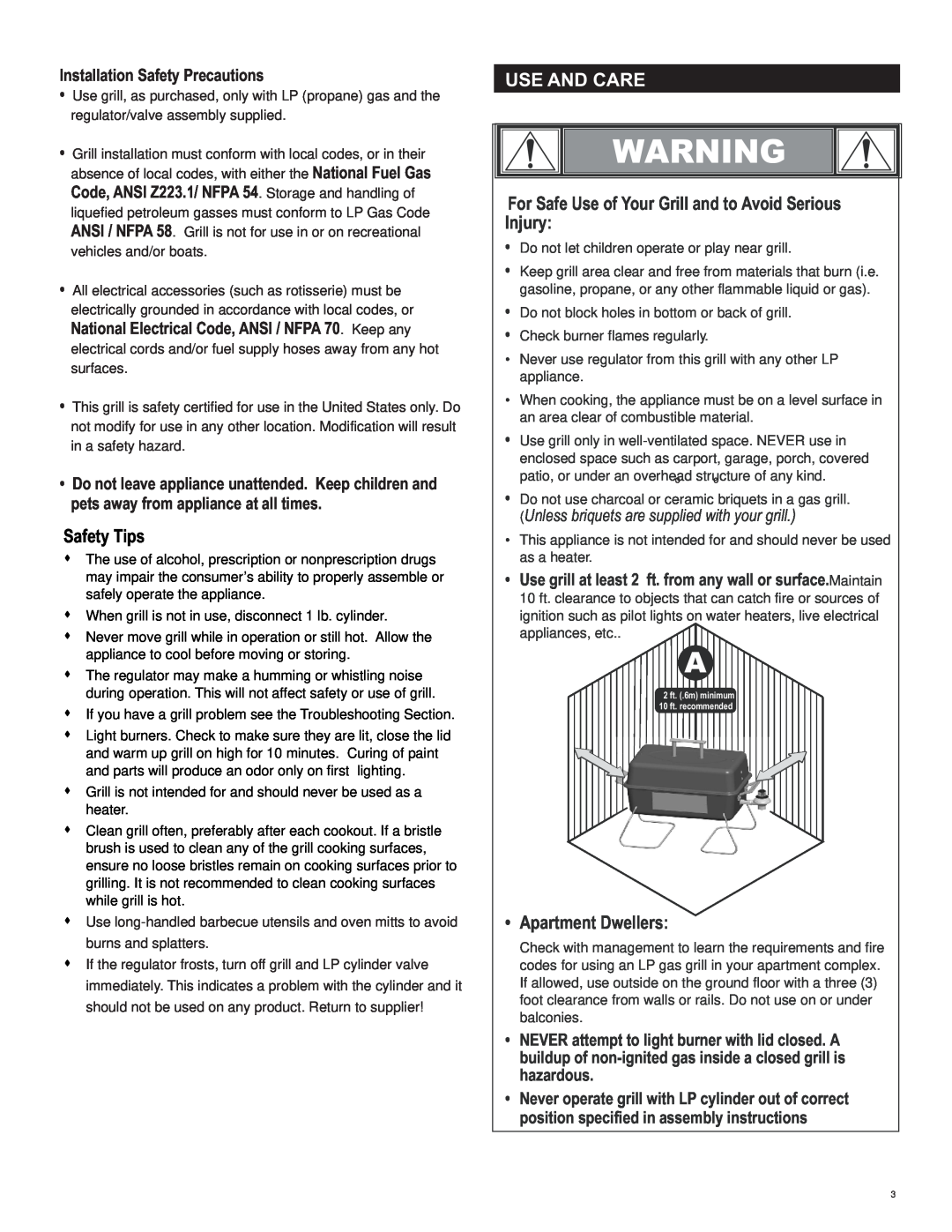 Char-Broil 461111811 Safety Tips, Use And Care, For Safe Use of Your Grill and to Avoid Serious Injury, Apartment Dwellers 