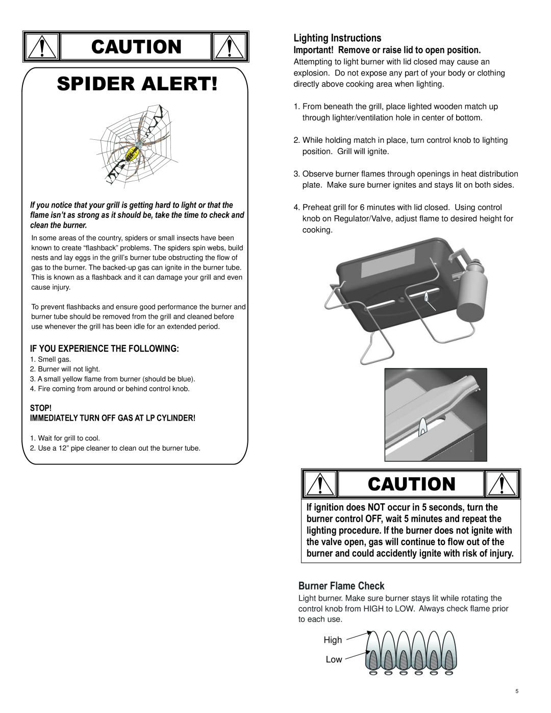 Char-Broil 461111811 manual Lighting Instructions, Burner Flame Check, Important! Remove or raise lid to open position 
