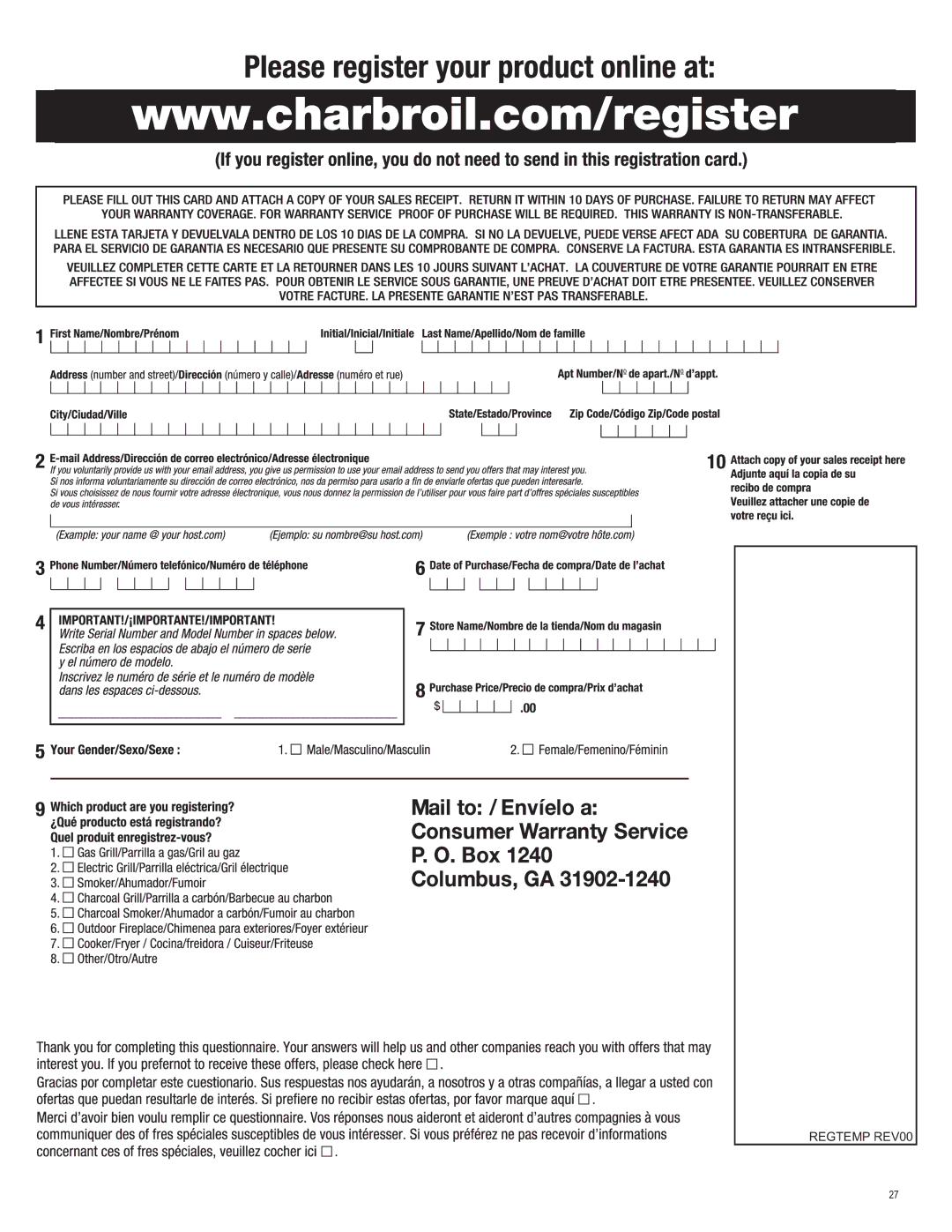 Char-Broil 461262409 manual Regtemp REV00 