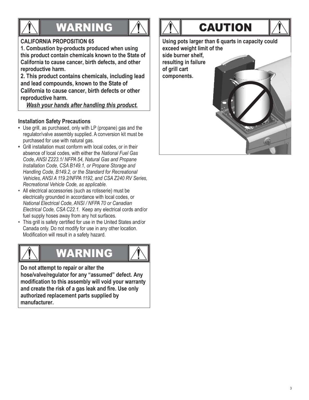 Char-Broil 461262409 manual California Proposition, Installation Safety Precautions 