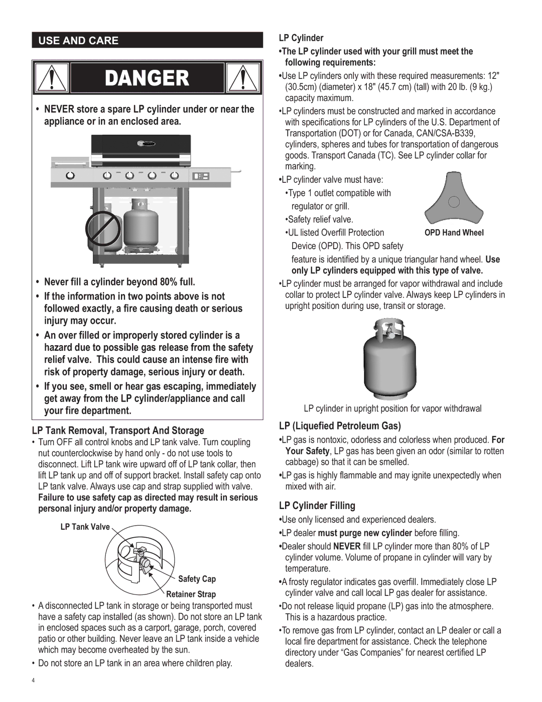 Char-Broil 461262409 manual USE and Care, LP Liquefied Petroleum Gas, LP Cylinder Filling 