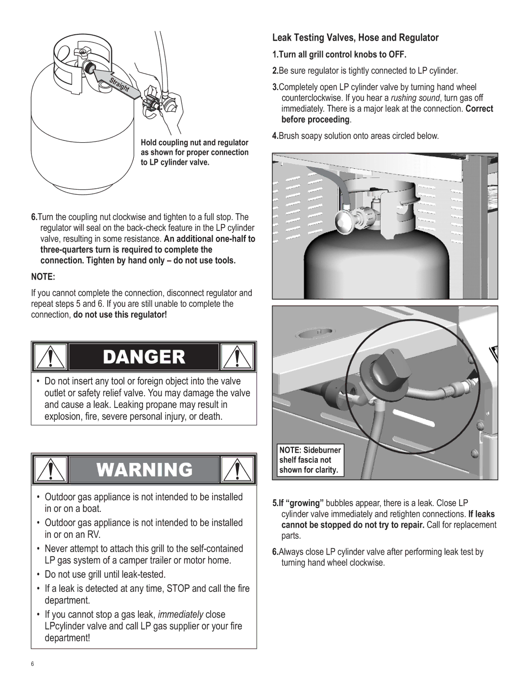 Char-Broil 461262409 manual Leak Testing Valves, Hose and Regulator, Connection, do not use this regulator 