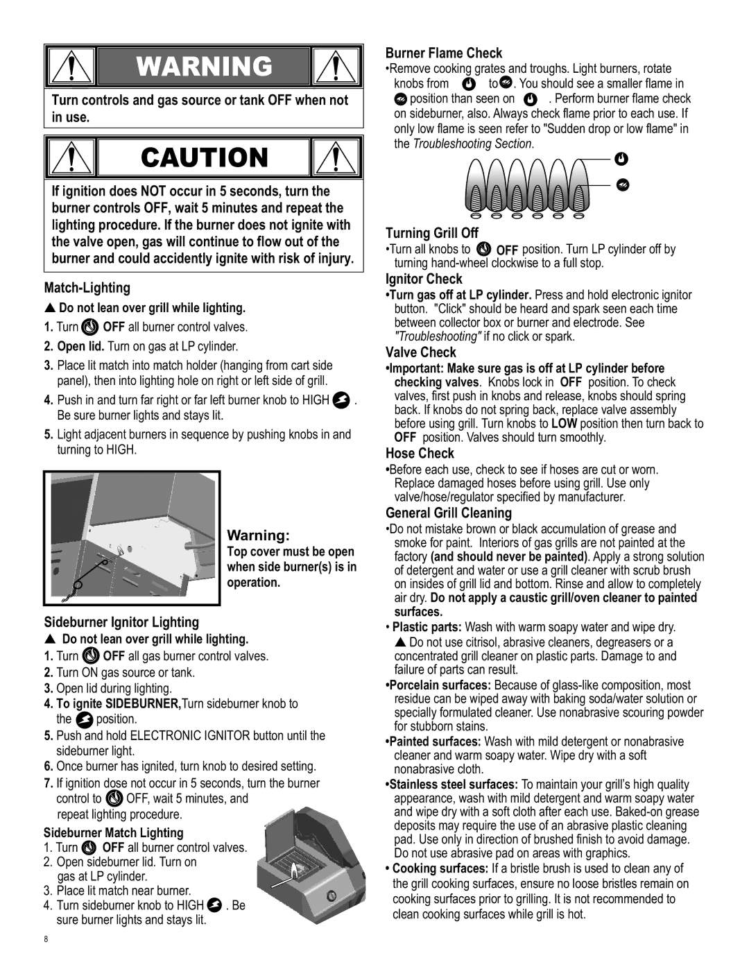 Char-Broil 461262409 manual Sideburner Ignitor Lighting, Burner Flame Check, Turning Grill Off, Ignitor Check, Valve Check 