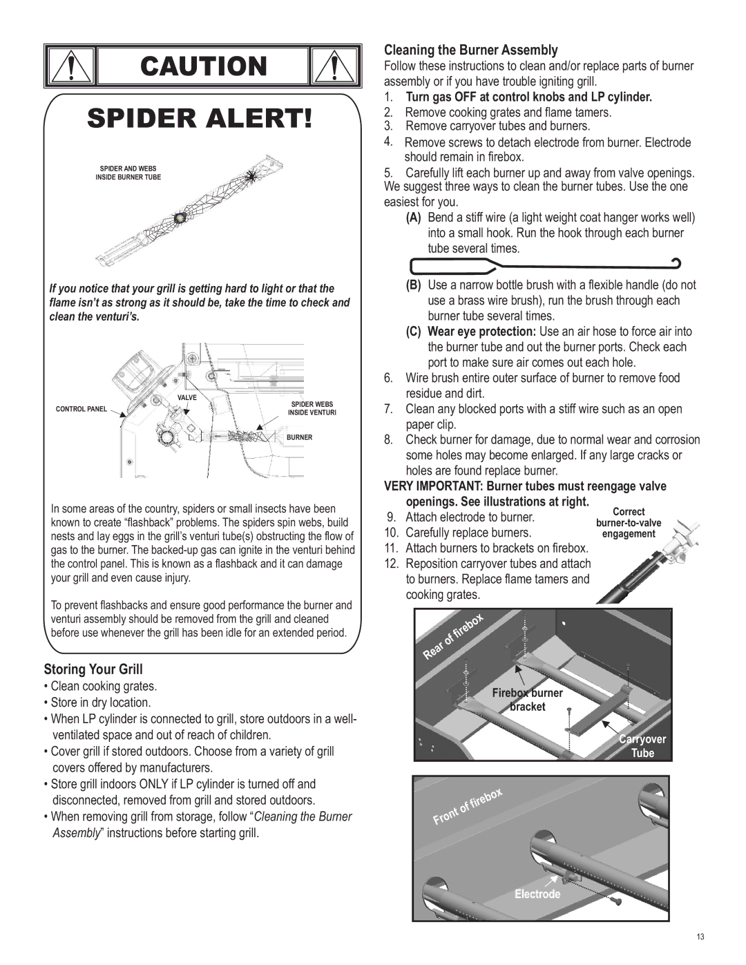 Char-Broil 463210510 manual Cleaning the Burner Assembly, Storing Your Grill, Turn gas OFF at control knobs and LP cylinder 