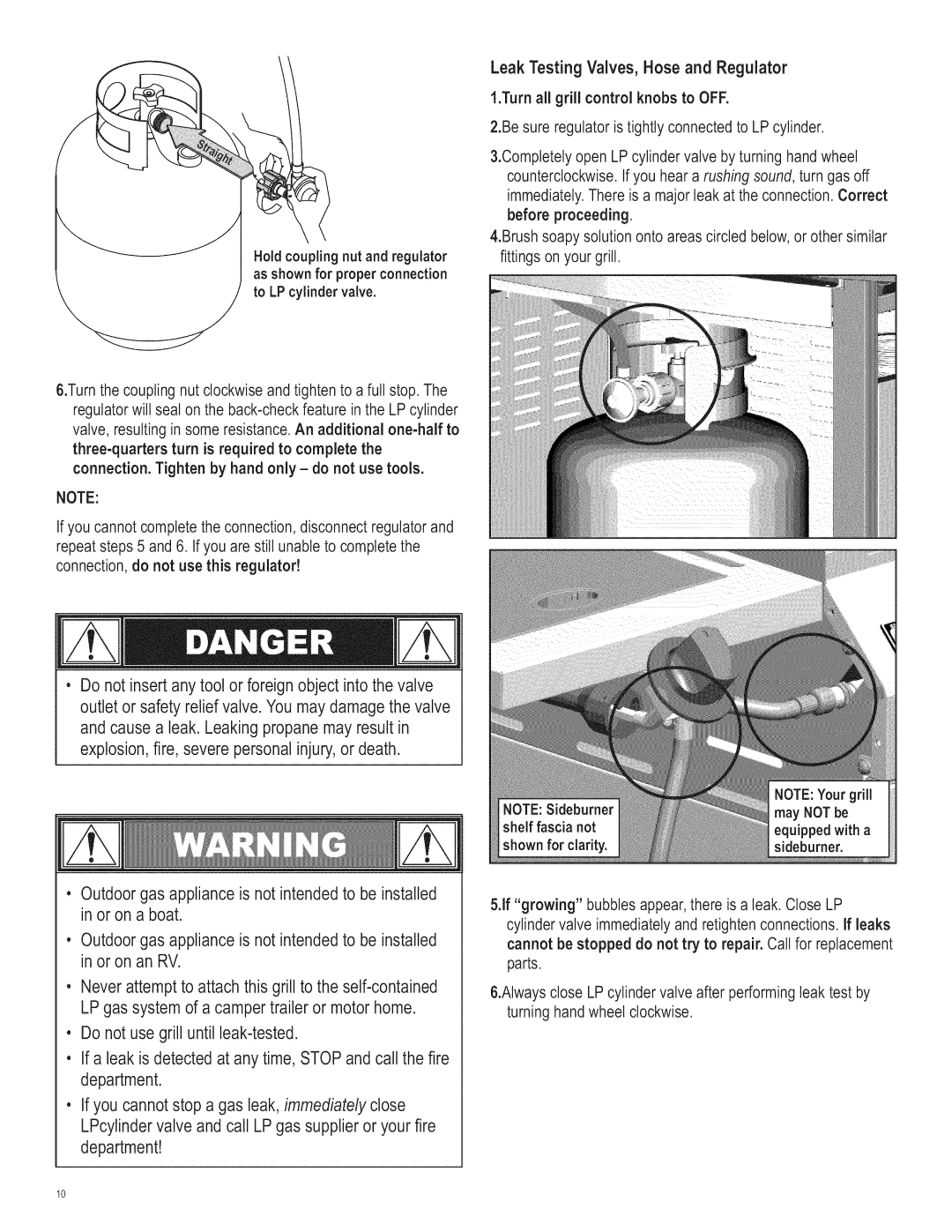 Char-Broil 463221311 manual Leak Testing Valves, Hose and Regulator 