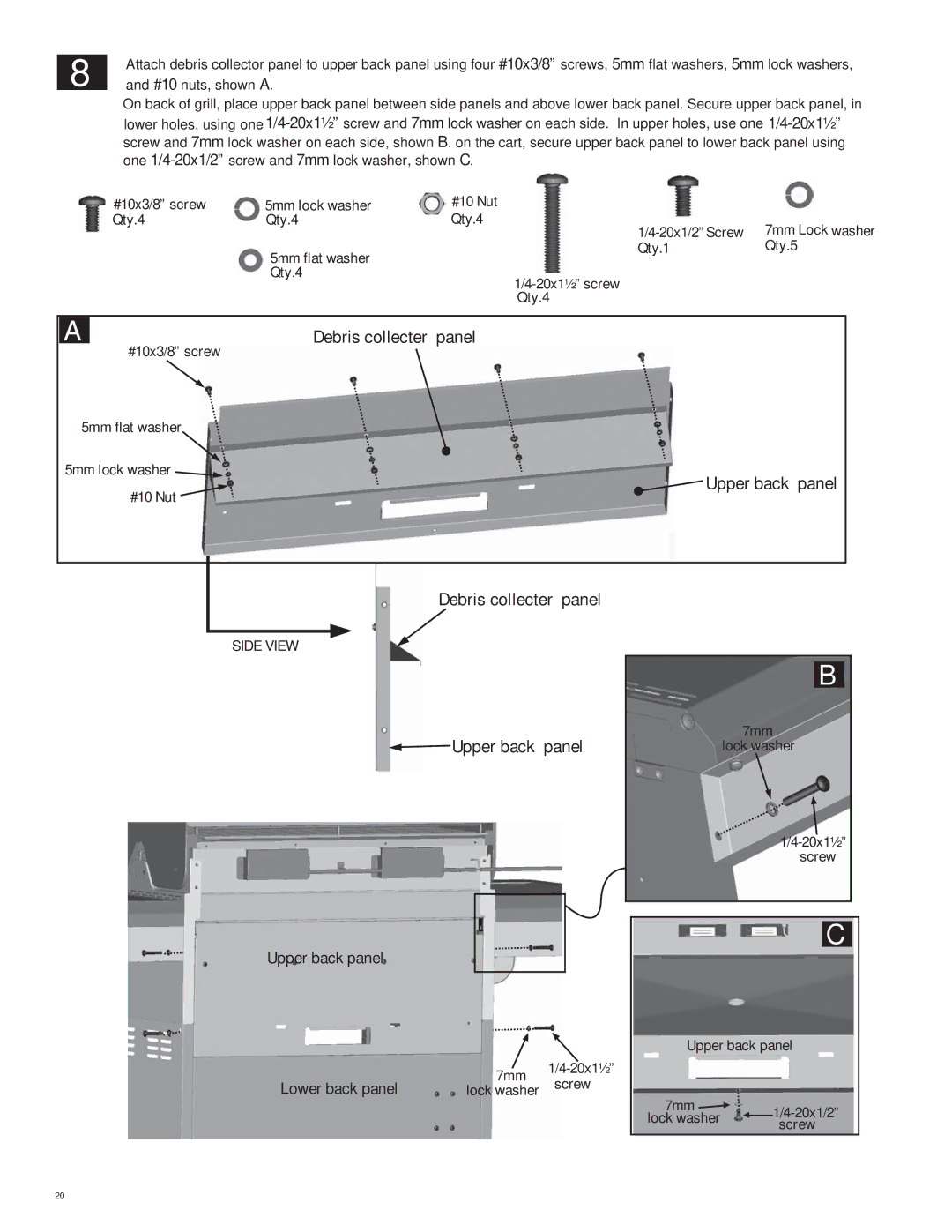 Char-Broil 463222209 manual Debris collecter Panel, Upper back panel 