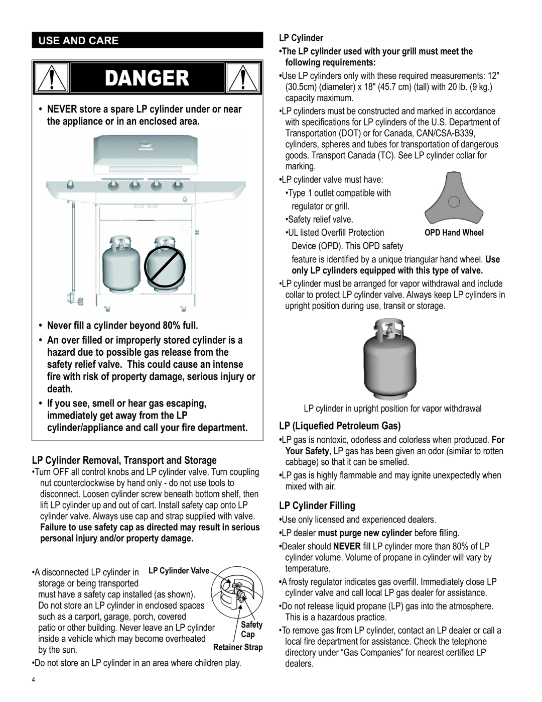 Char-Broil 463222209 manual LP Liquefied Petroleum Gas, LP Cylinder Filling 