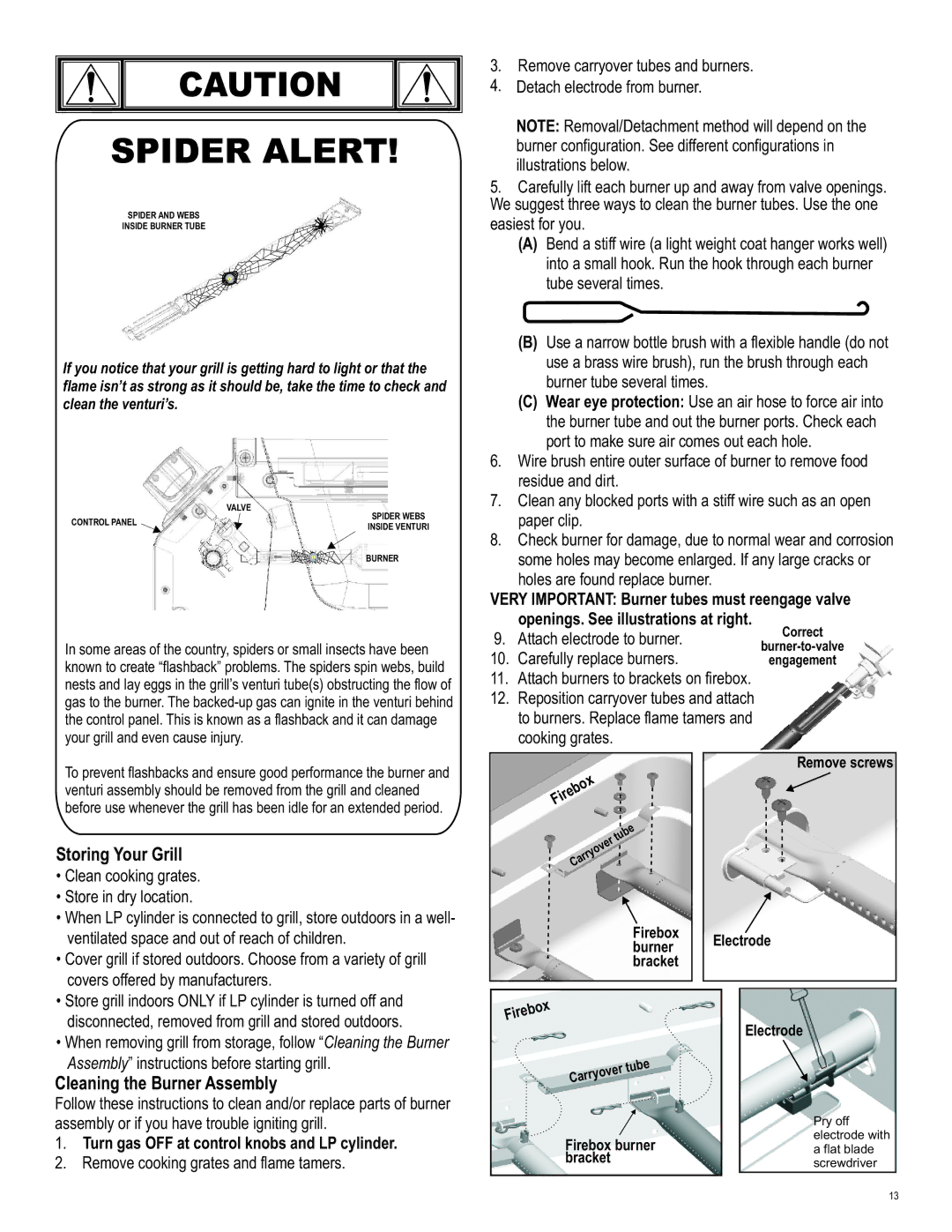 Char-Broil 463230510 Storing Your Grill, Cleaning the Burner Assembly, Very Important Burner tubes must reengage valve 