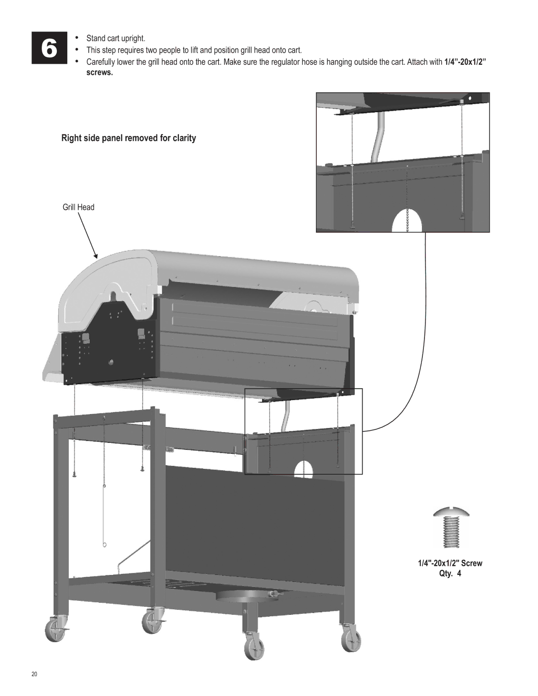 Char-Broil 463230510 manual Right side panel removed for clarity, 20x1/2 Screw Qty 