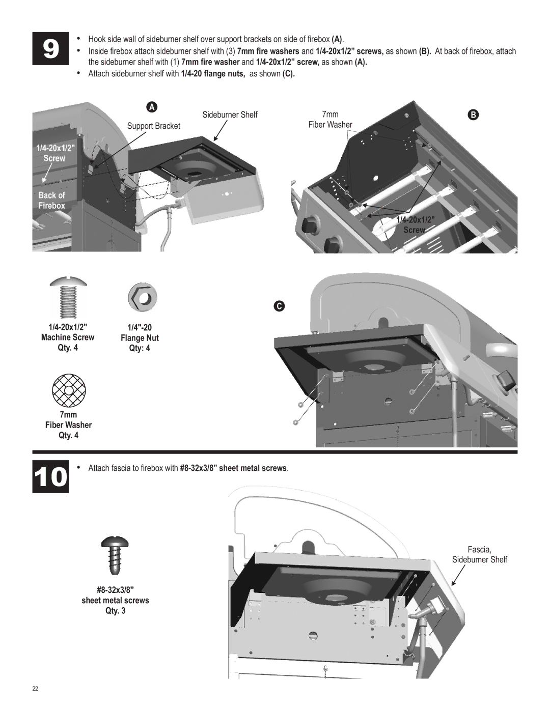 Char-Broil 463230510 manual 20x1/2 Screw Back Firebox, 20x1/2 Machine Screw, 7mm Fiber Washer Qty 