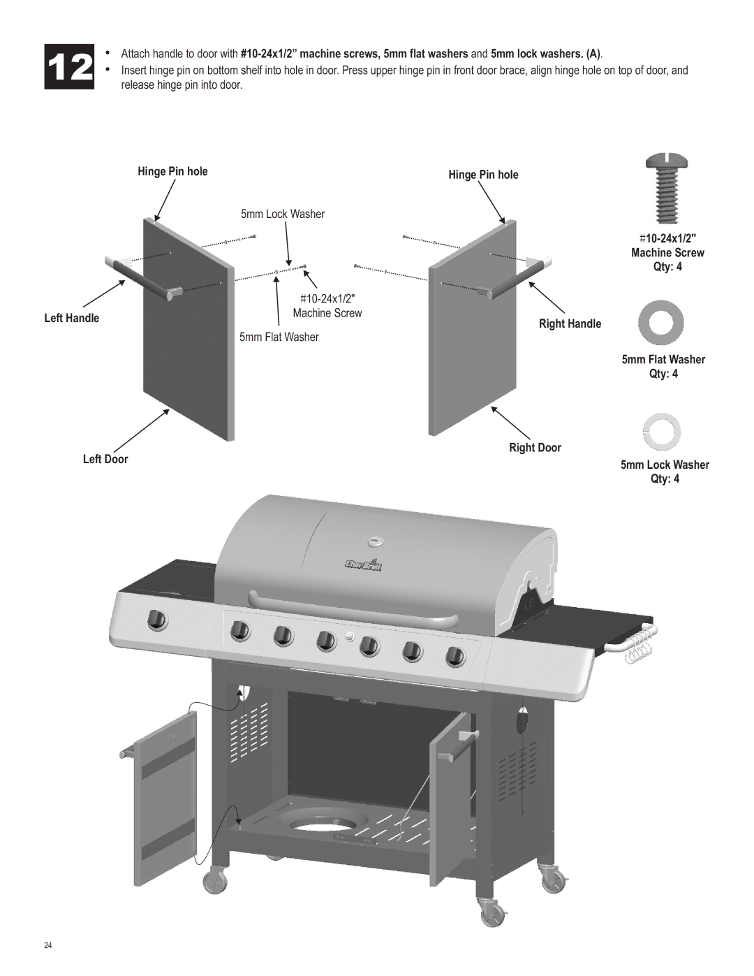 Char-Broil 463230510 manual Hinge Pin hole, #10-24x1/2 Machine Screw Qty, Left Handle 