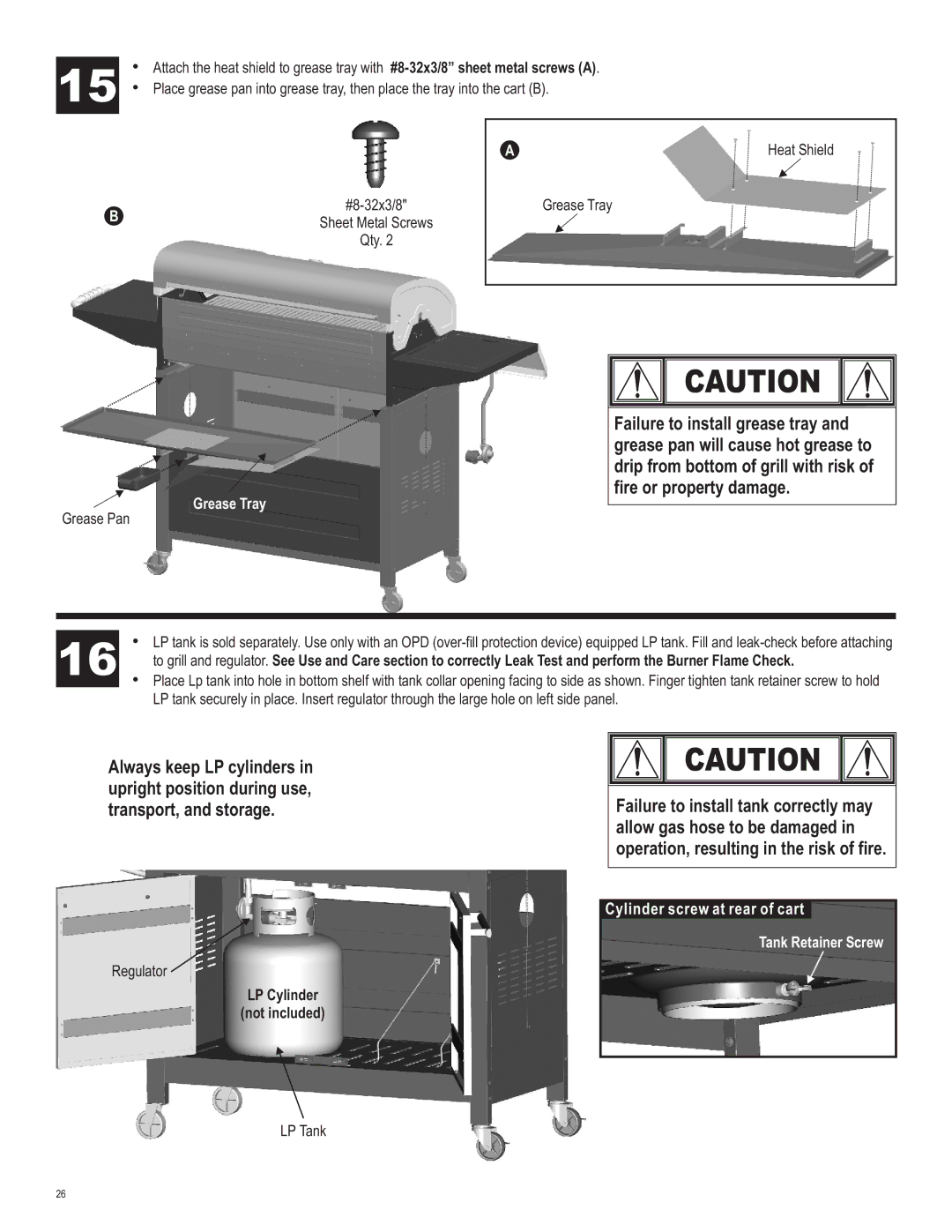 Char-Broil 463230510 manual Heat Shield, Grease Tray, LP Cylinder Not included, Tank Retainer Screw 