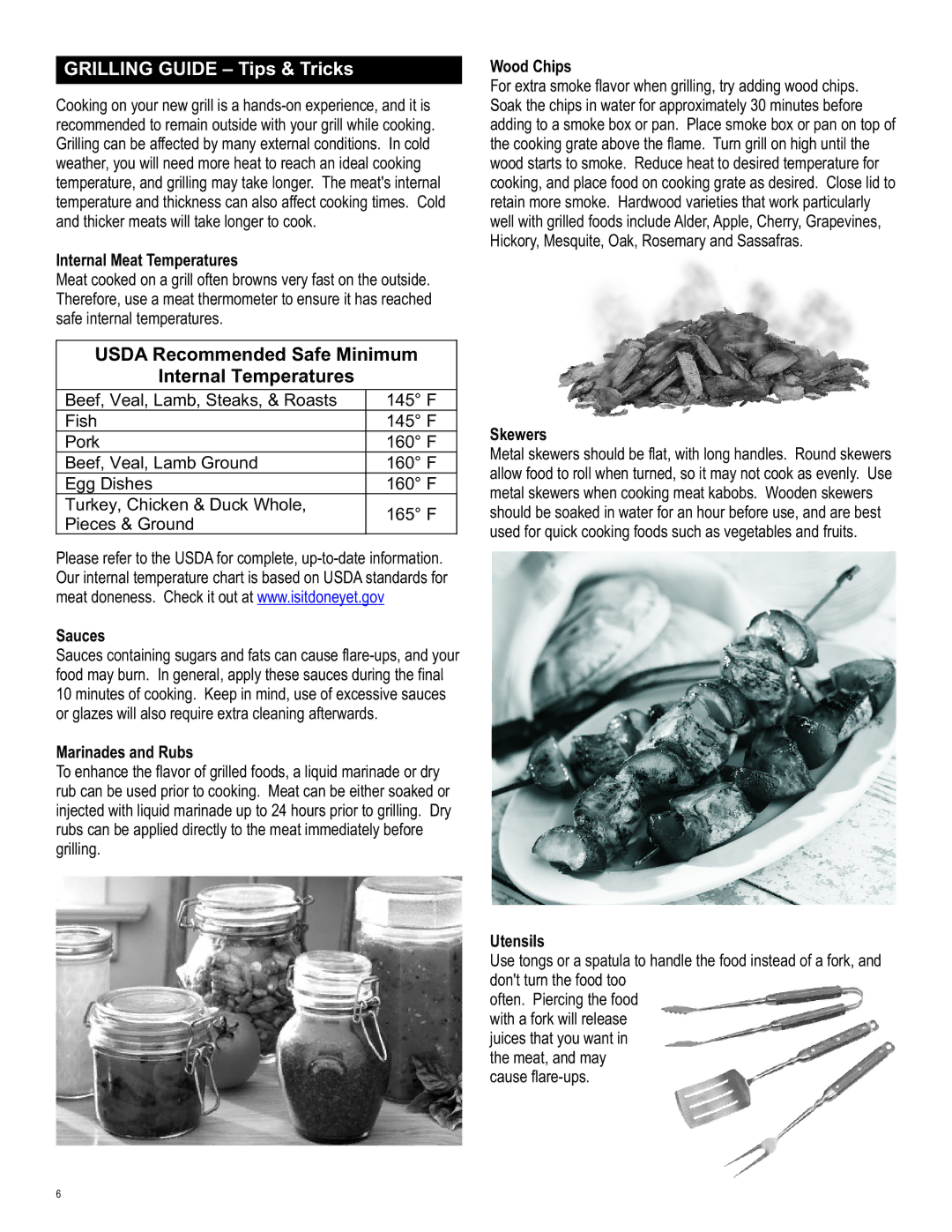 Char-Broil 463230510 manual Usda Recommended Safe Minimum Internal Temperatures 