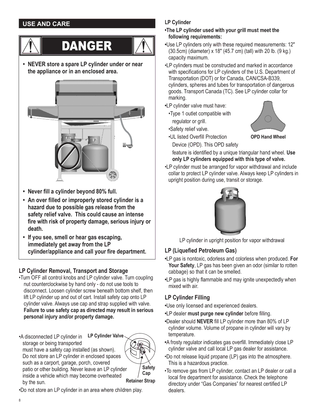 Char-Broil 463230510 manual USE and Care, LP Liquefied Petroleum Gas, LP Cylinder Filling 