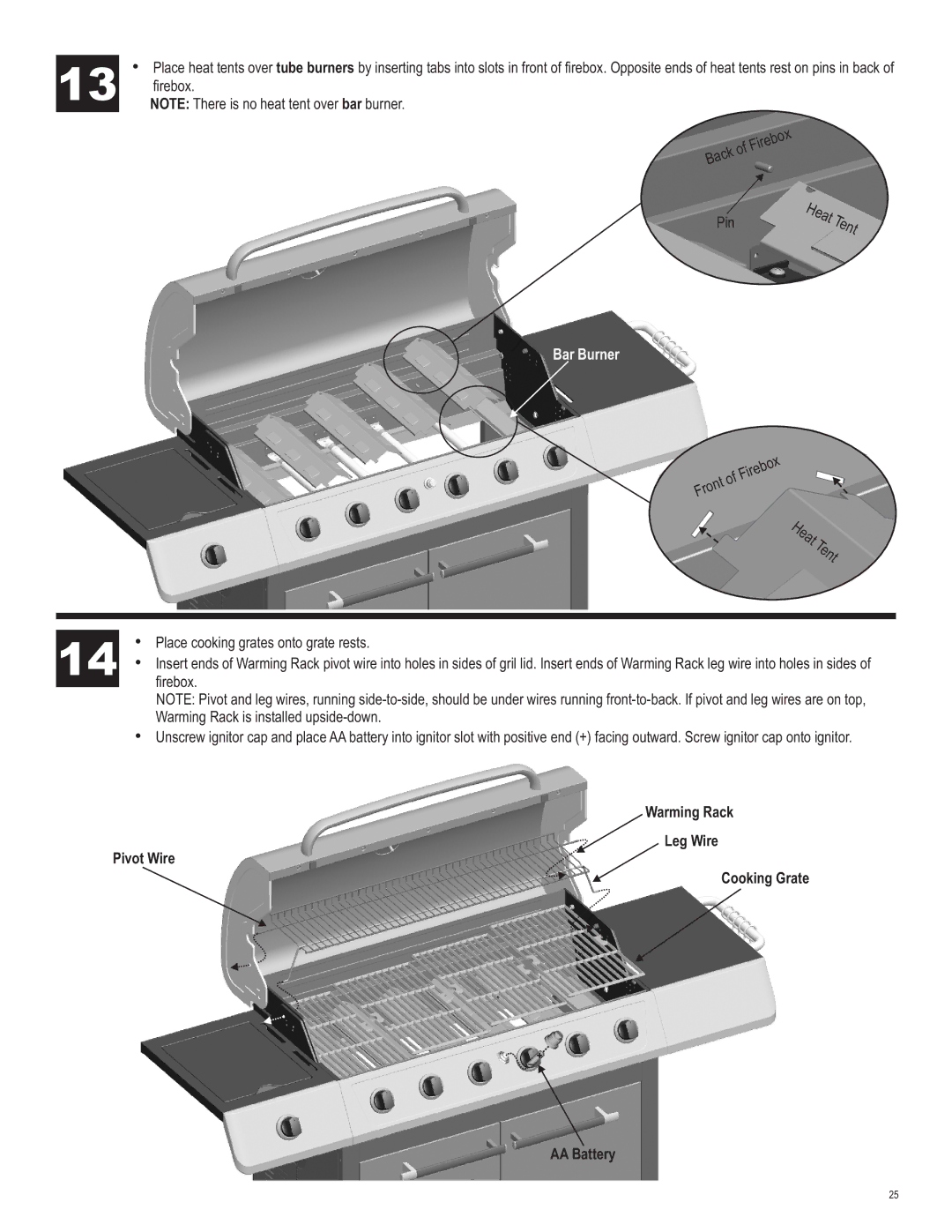 Char-Broil 463230511 manual Bar Burner, Warming Rack Leg Wire Pivot Wire Cooking Grate AA Battery 