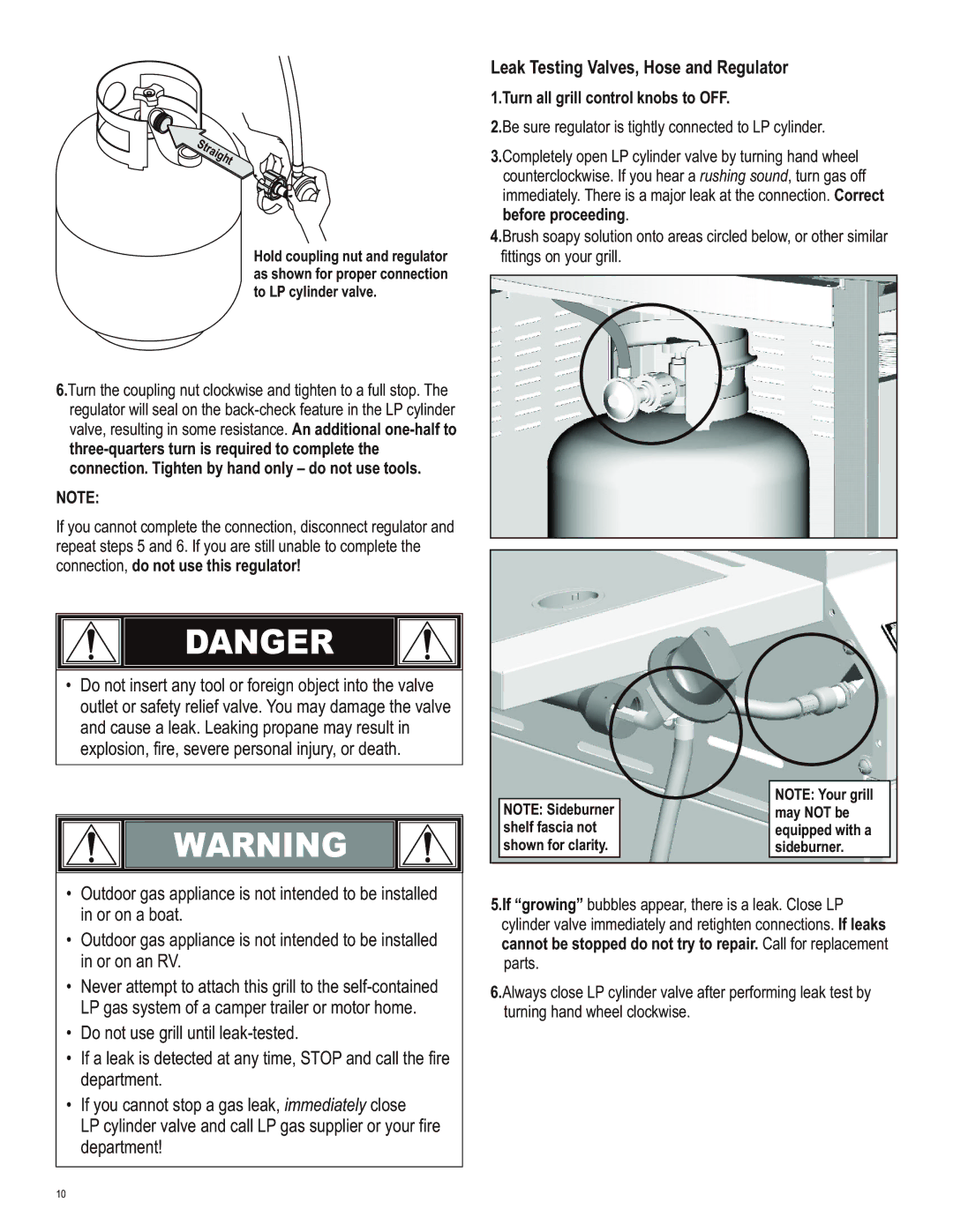 Char-Broil 463230513 manual Leak Testing Valves, Hose and Regulator, Connection, do not use this regulator 