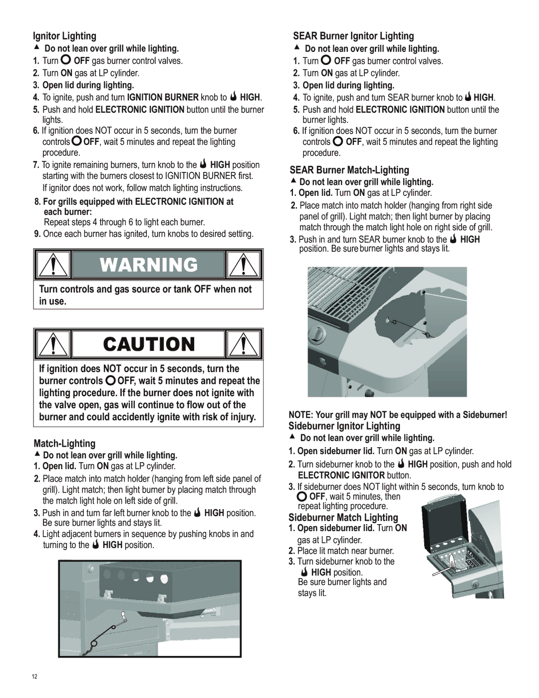 Char-Broil 463230513 manual Sear Burner Ignitor Lighting, Sear Burner Match-Lighting, Sideburner Ignitor Lighting 