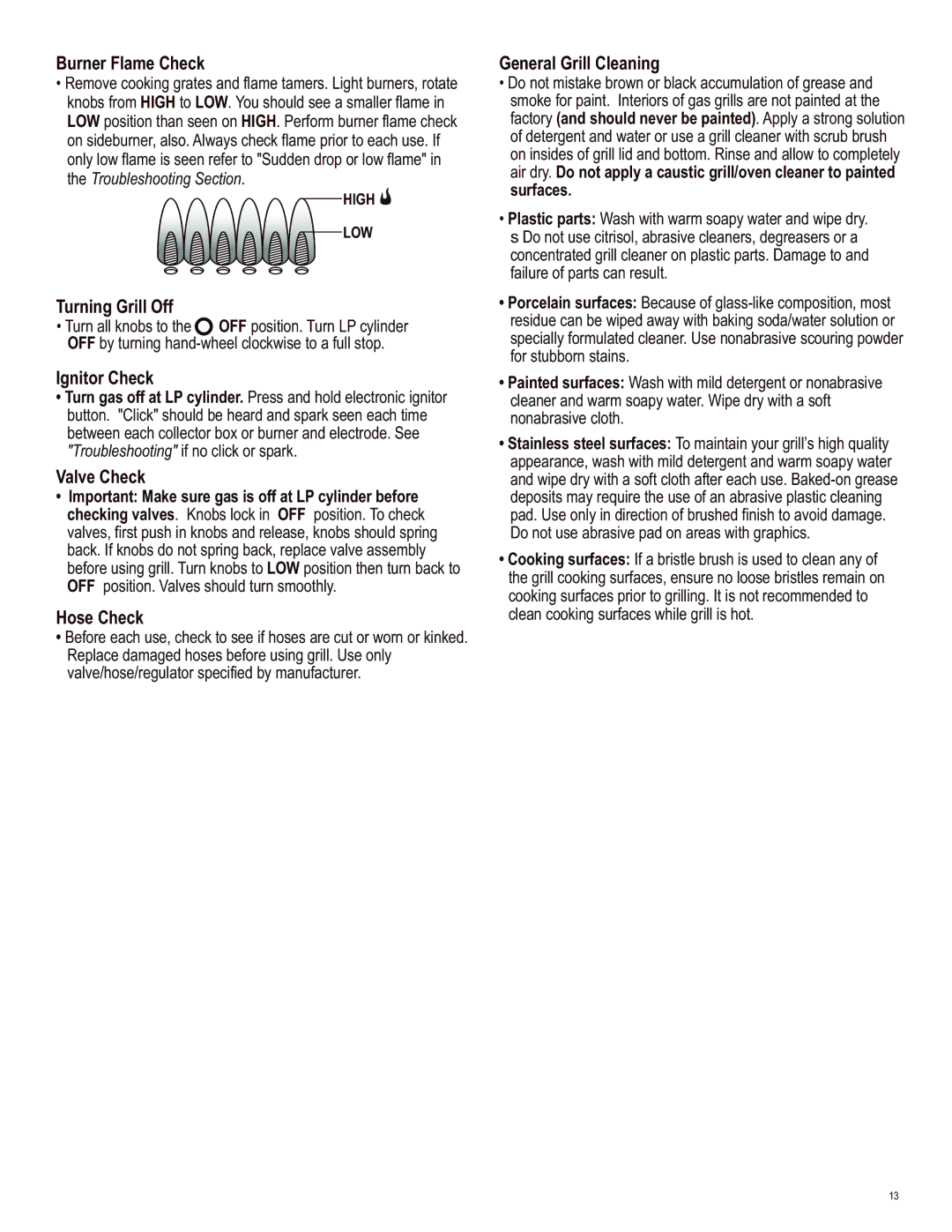 Char-Broil 463230513 Burner Flame Check, Turning Grill Off, Ignitor Check, Valve Check, Hose Check, General Grill Cleaning 