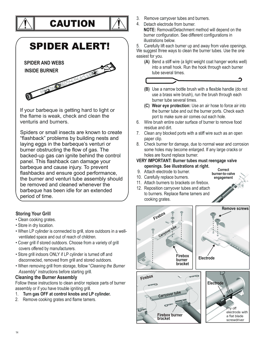 Char-Broil 463230513 Storing Your Grill, Cleaning the Burner Assembly, Very Important Burner tubes must reengage valve 