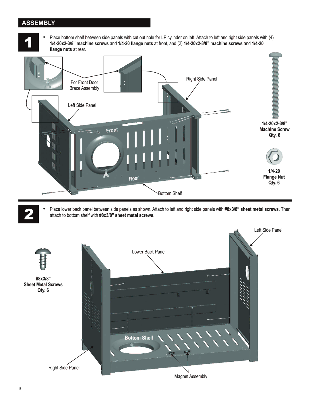 Char-Broil 463230513 manual Assembly, 20x2-3/8, Machine Screw Qty Flange Nut, #8x3/8 Sheet Metal Screws Qty 