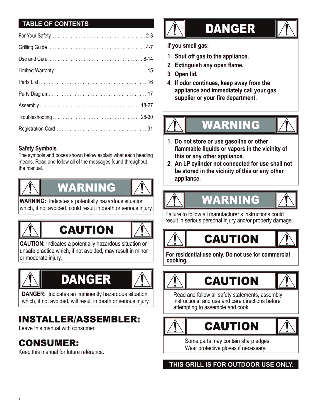 Char-Broil 463230513 manual Table of Contents, This Grill is for Outdoor USE only 