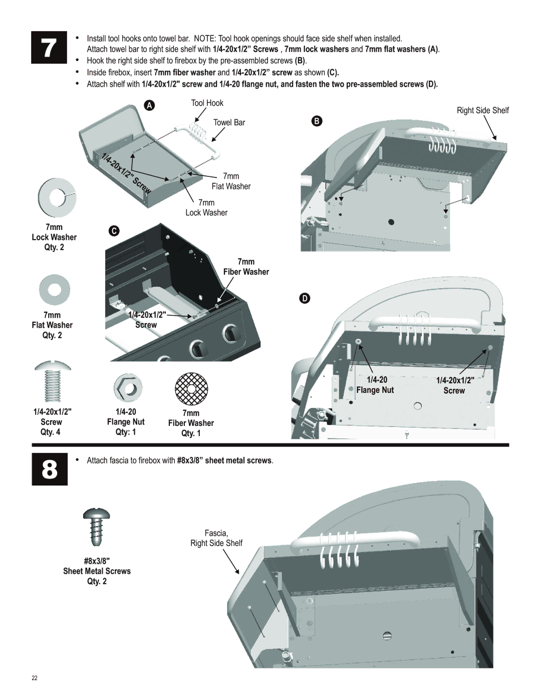 Char-Broil 463230513 manual Lock Washer Qty 7mm Fiber Washer 20x1/2, Qty 20x1/2 7mm Screw 