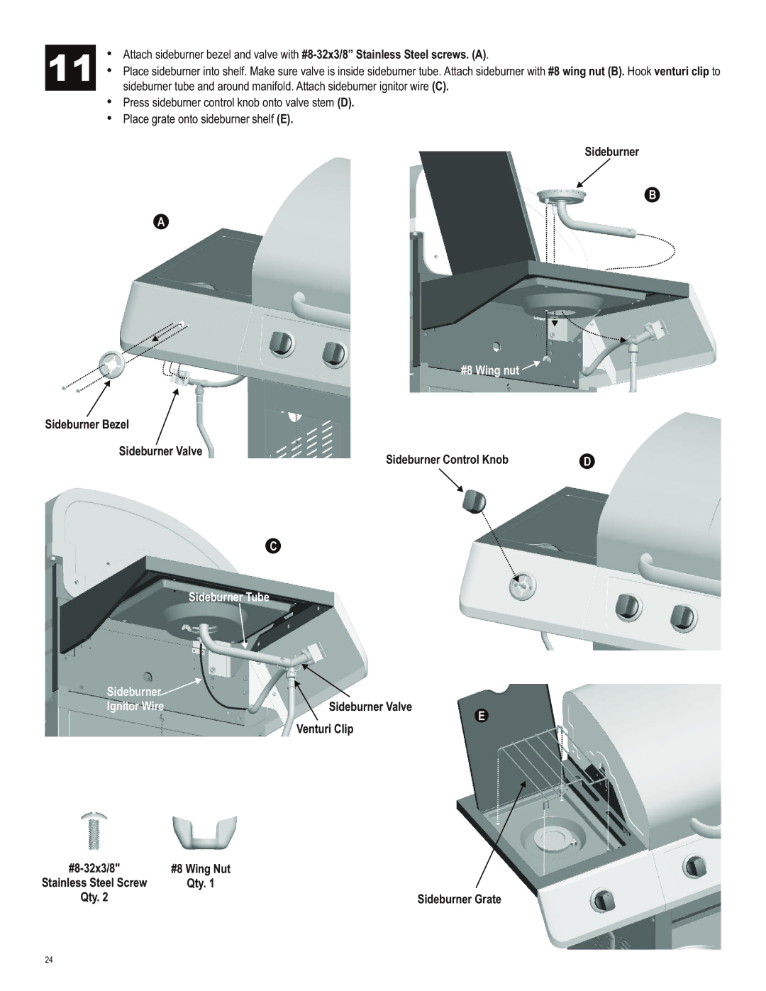 Char-Broil 463230513 manual #8 Wing nut, Sideburner Bezel Sideburner Valve Sideburner Control Knob, Sideburner Tube 