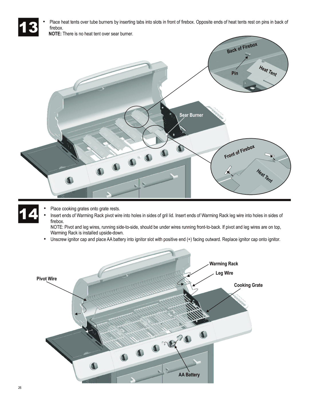 Char-Broil 463230513 manual Back Pin, Sear Burner, Warming Rack Leg Wire Pivot Wire Cooking Grate AA Battery 