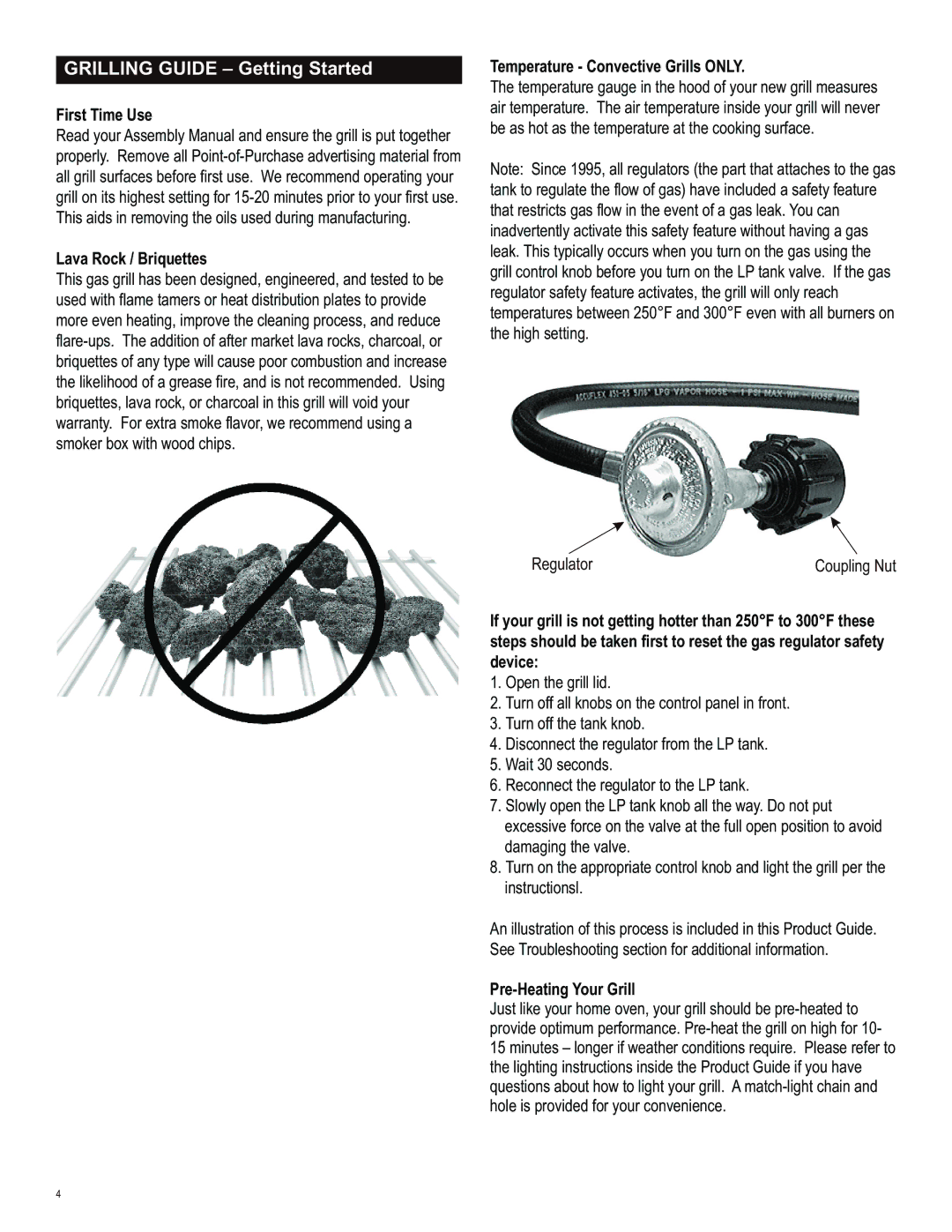 Char-Broil 463230513 First Time Use, Lava Rock / Briquettes, Temperature Convective Grills only, Pre-Heating Your Grill 