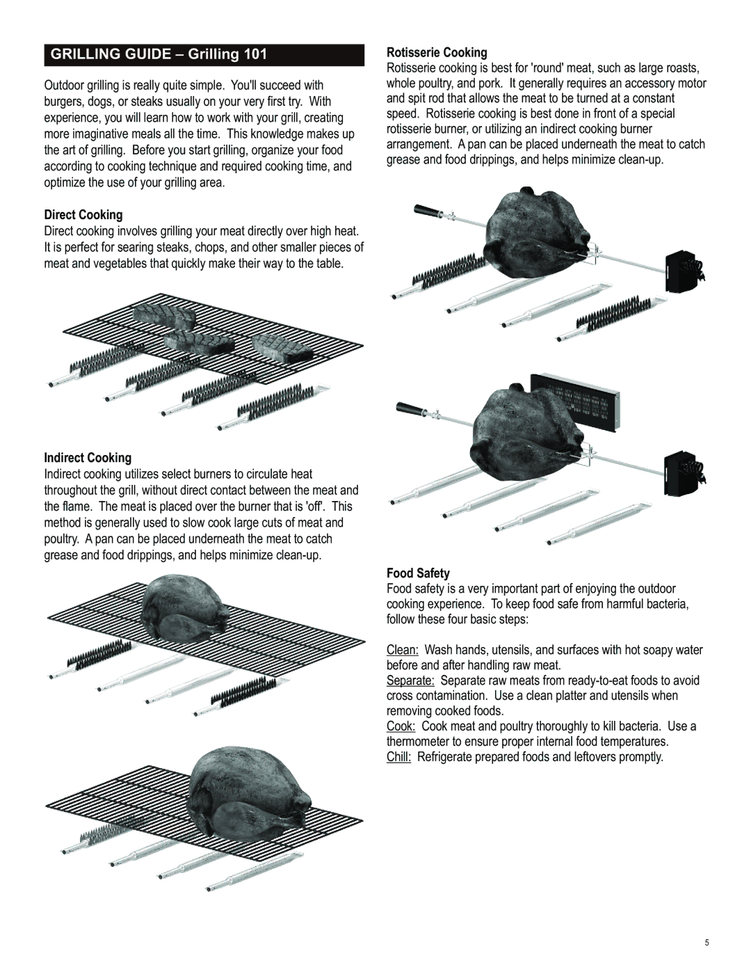 Char-Broil 463230513 manual Direct Cooking, Indirect Cooking, Rotisserie Cooking, Food Safety 