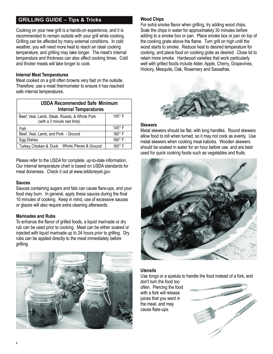 Char-Broil 463230513 manual Usda Recommended Safe Minimum Internal Temperatures 