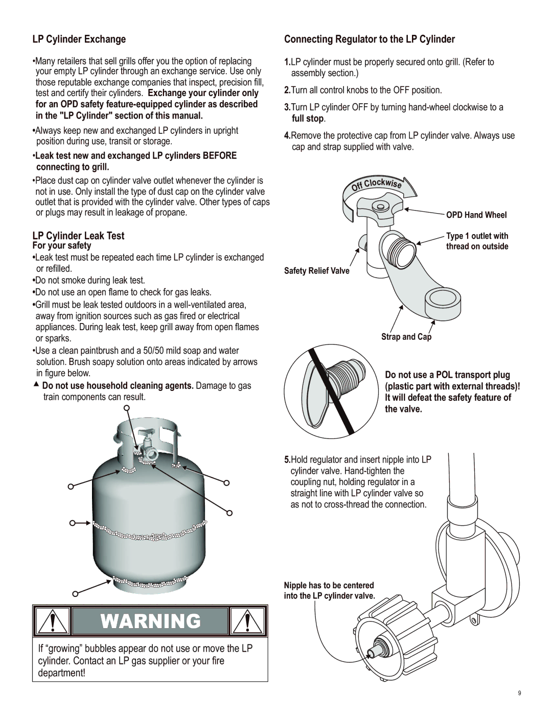 Char-Broil 463230513 manual LP Cylinder Leak Test, For your safety, Nipple has to be centered into the LP cylinder valve 