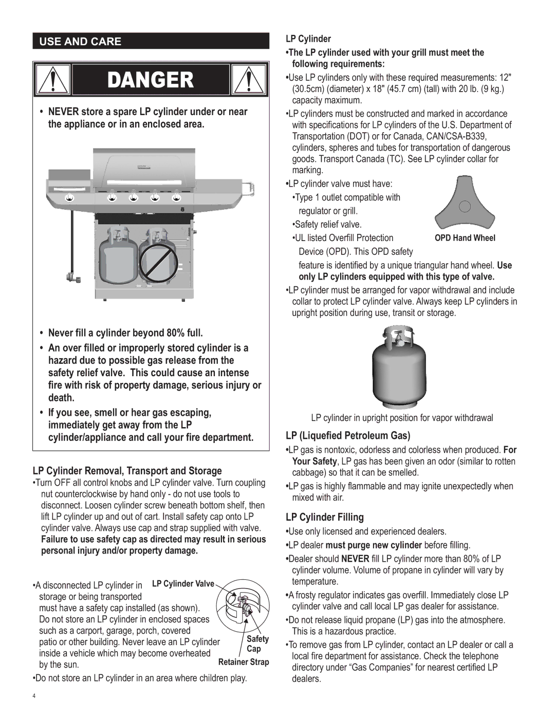 Char-Broil 463231711 manual USE and Care, LP Liquefied Petroleum Gas, LP Cylinder Filling 