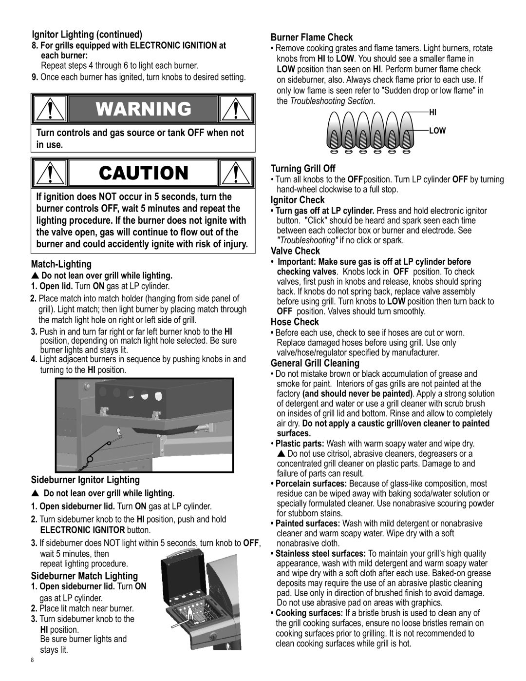 Char-Broil 463231711 manual Sideburner Ignitor Lighting, Sideburner Match Lighting, Burner Flame Check, Turning Grill Off 