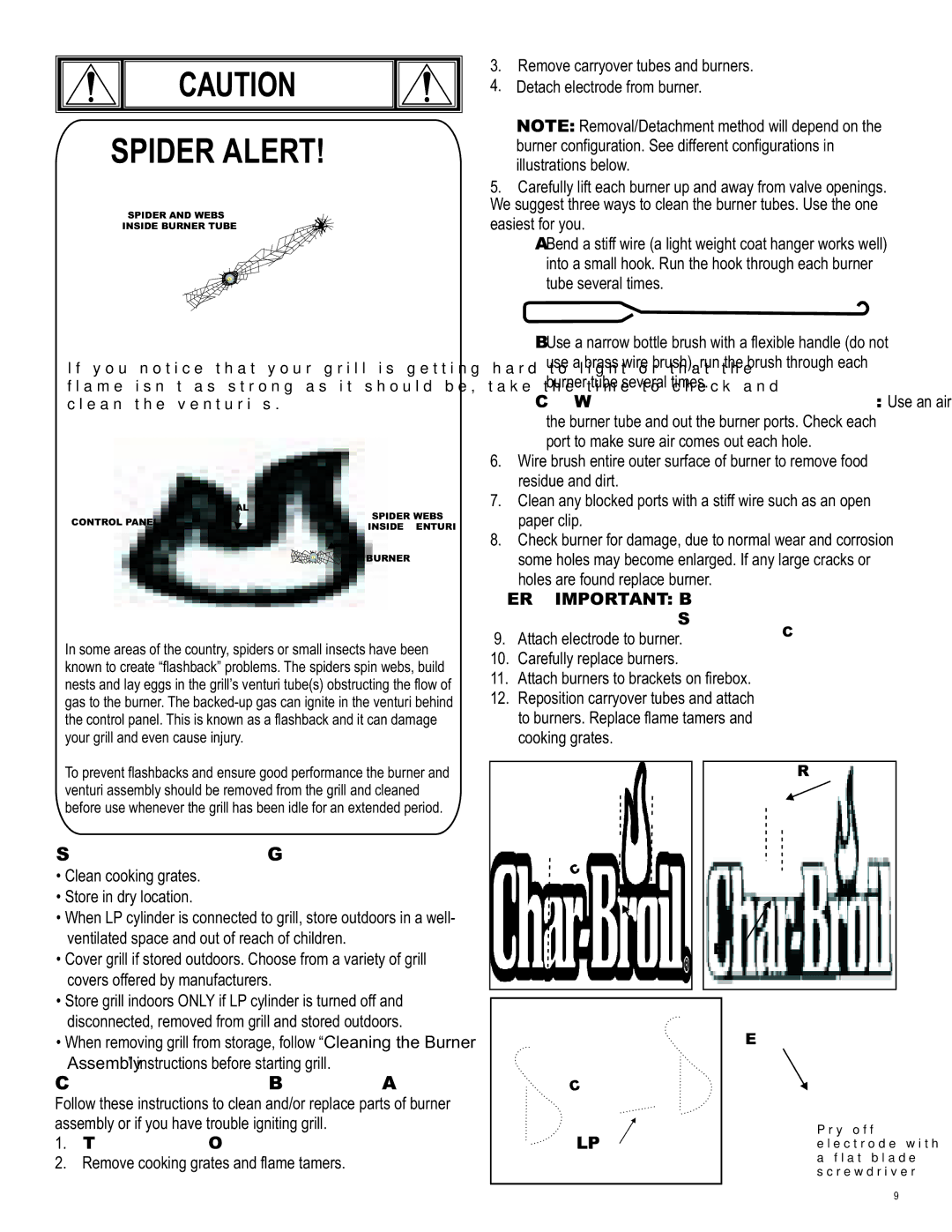 Char-Broil 463231711 Storing Your Grill, Cleaning the Burner Assembly, Very Important Burner tubes must reengage valve 