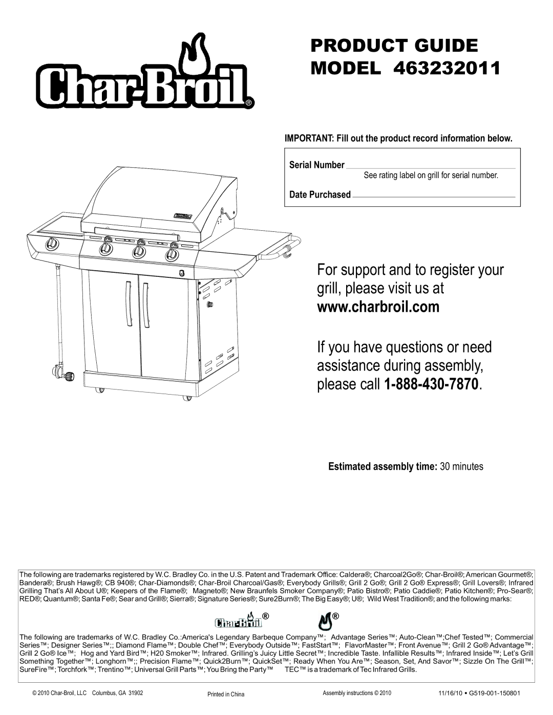 Char-Broil 463232011 manual Estimated assembly time 30 minutes, Date Purchased 