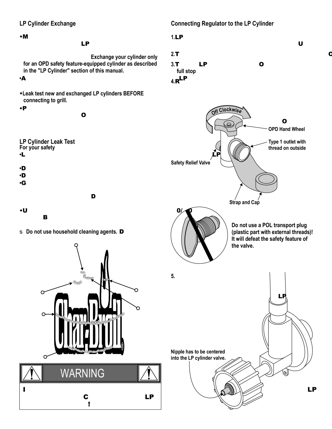 Char-Broil 463232011 manual LP Cylinder Leak Test, For your safety, UseDo not household cleaning agents. Damage to gas 