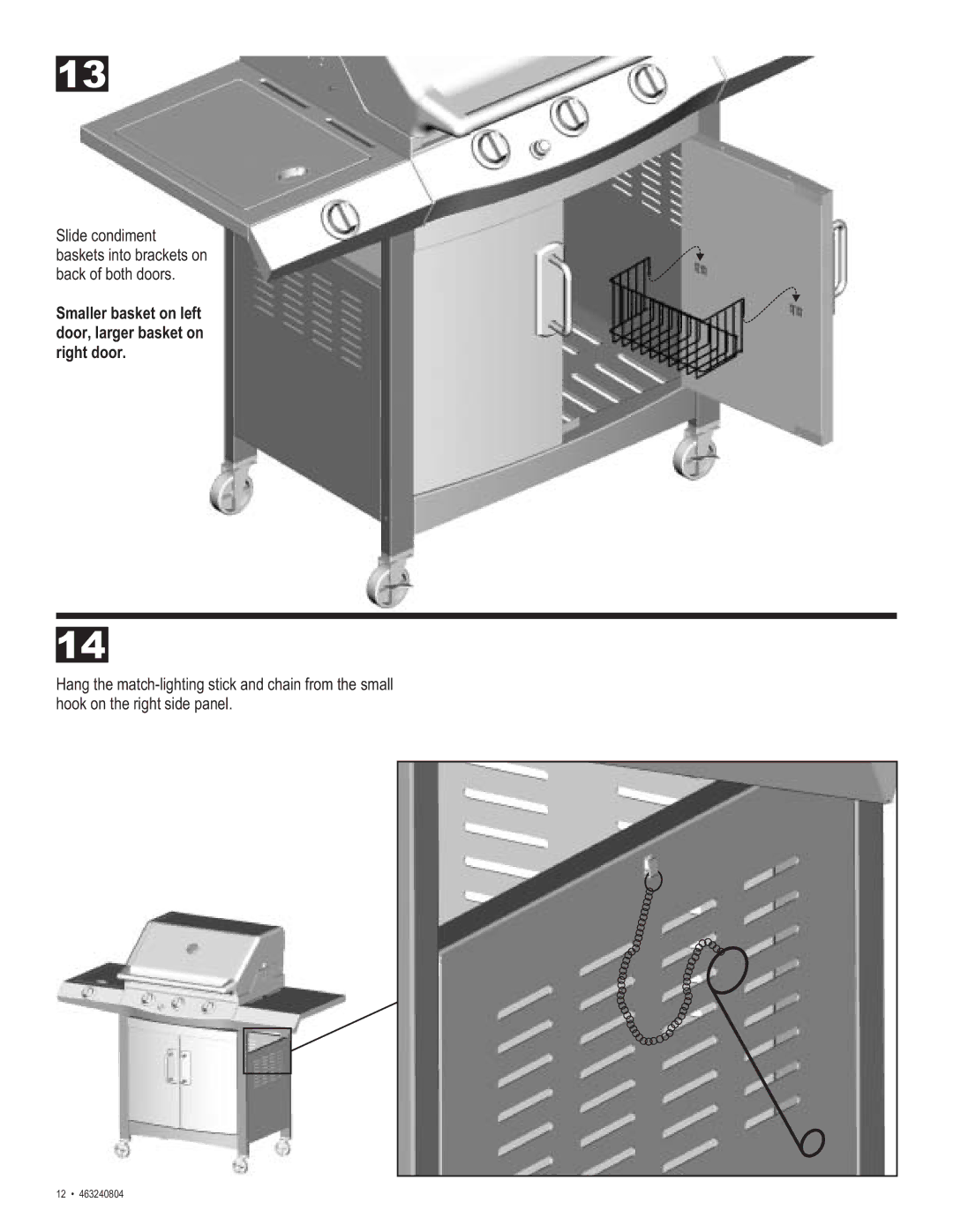 Char-Broil 463240804 manual Smaller basket on left door, larger basket on right door 