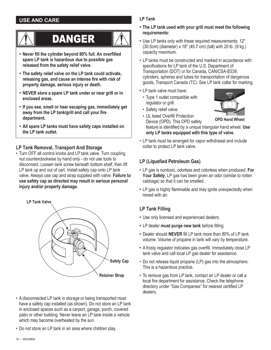 Char-Broil 463240804 manual LP Tank Removal, Transport And Storage, LP Liquefied Petroleum Gas, LP Tank Filling 