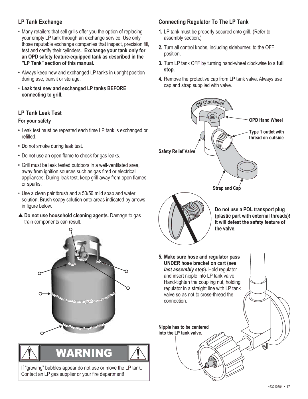 Char-Broil 463240804 manual LP Tank Exchange, LP Tank Leak Test, Connecting Regulator To The LP Tank, For your safety 