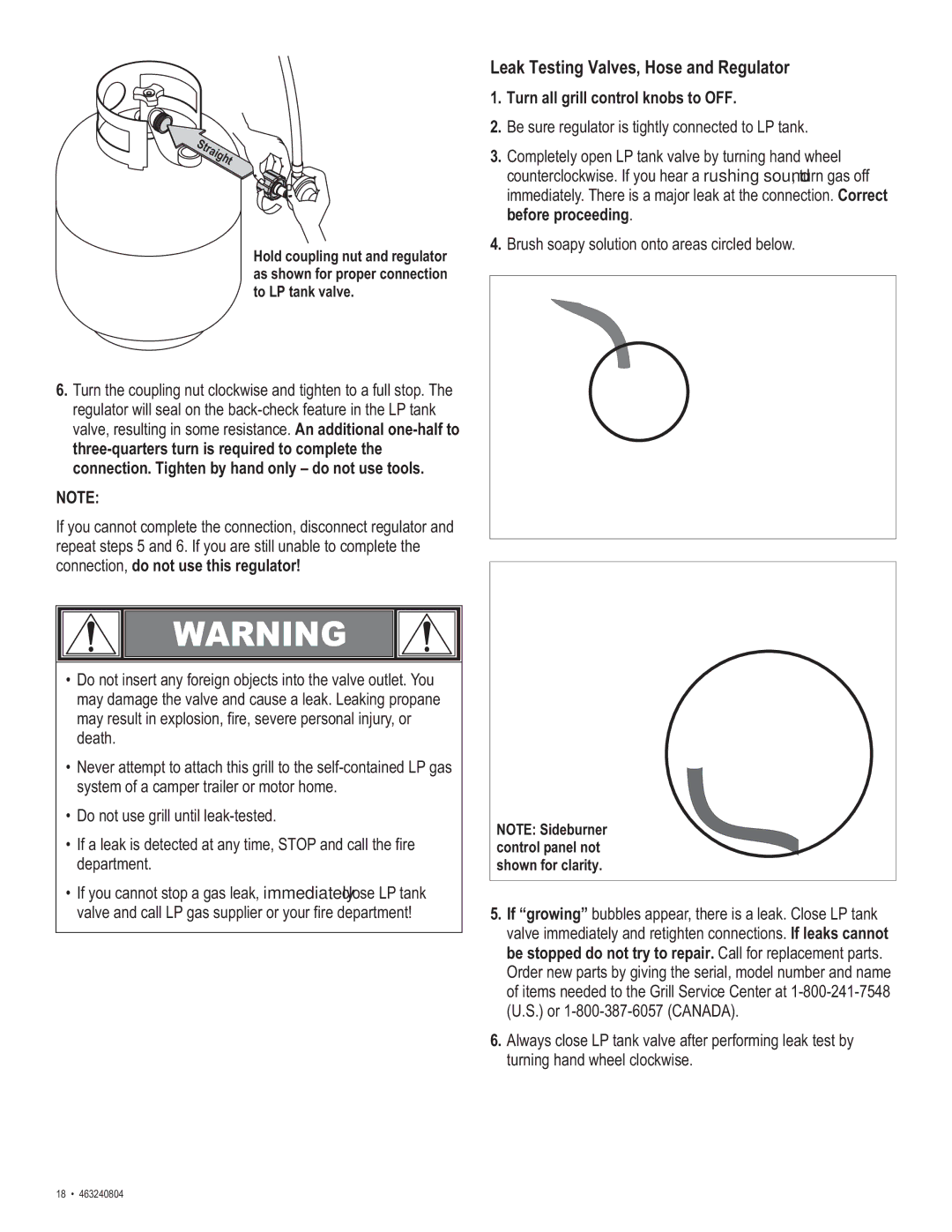 Char-Broil 463240804 manual Leak Testing Valves, Hose and Regulator, Turn all grill control knobs to OFF 