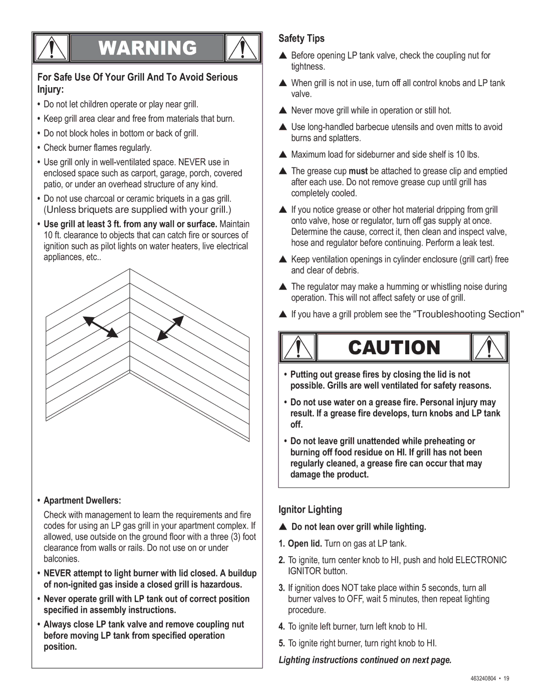 Char-Broil 463240804 manual For Safe Use Of Your Grill And To Avoid Serious Injury, Safety Tips, Ignitor Lighting 