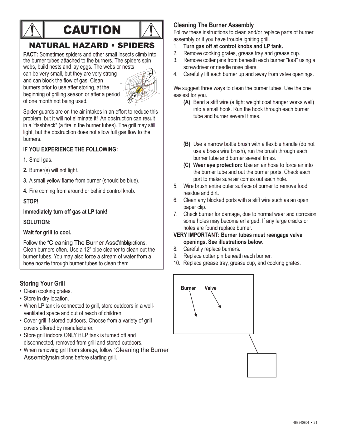 Char-Broil 463240804 manual Cleaning The Burner Assembly, Storing Your Grill, Immediately turn off gas at LP tank 