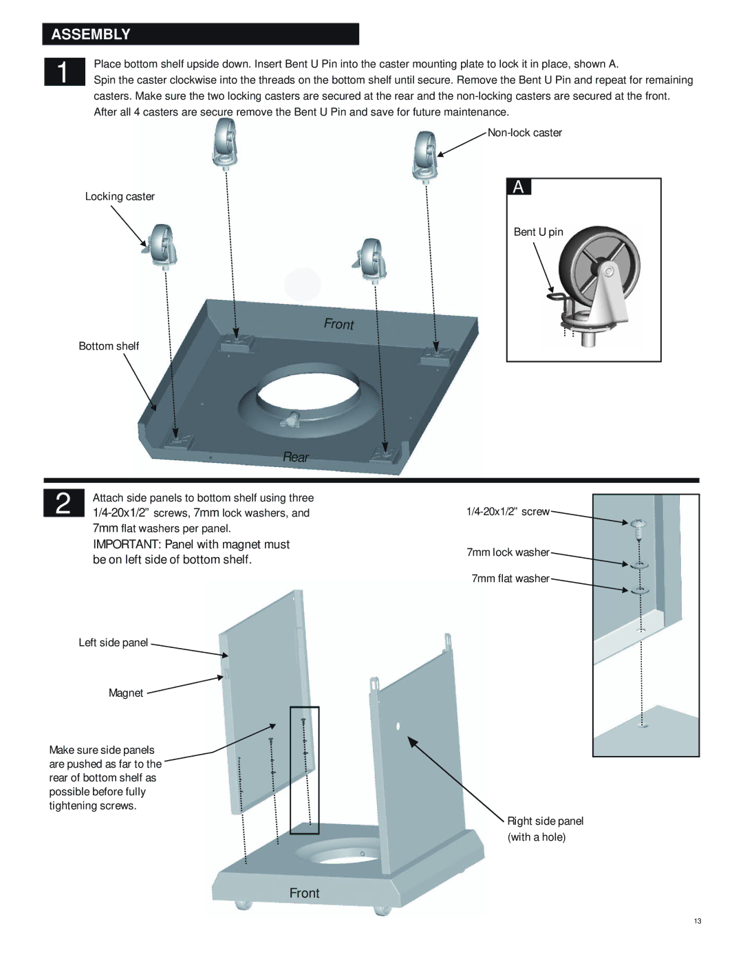 Char-Broil 463243812 manual Assembly, Rear, Front, 20x1/2 screws, 7mm lock washers 
