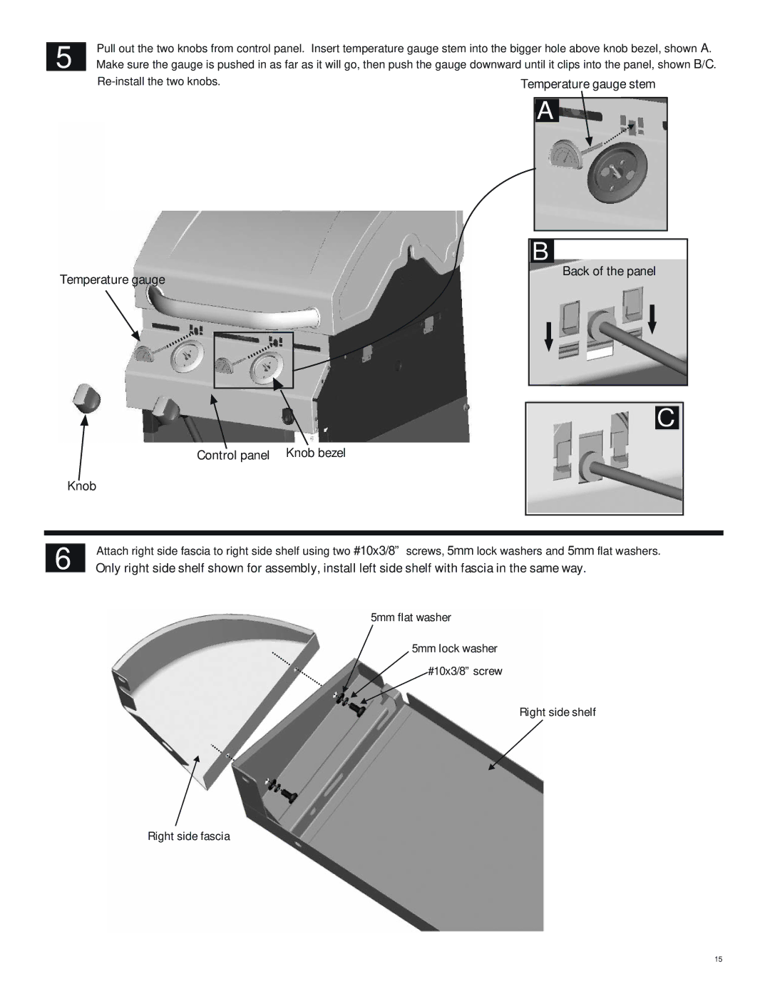 Char-Broil 463243812 manual Temperature gauge stem, Temperature gauge Control panel Knob bezel Back of the panel 