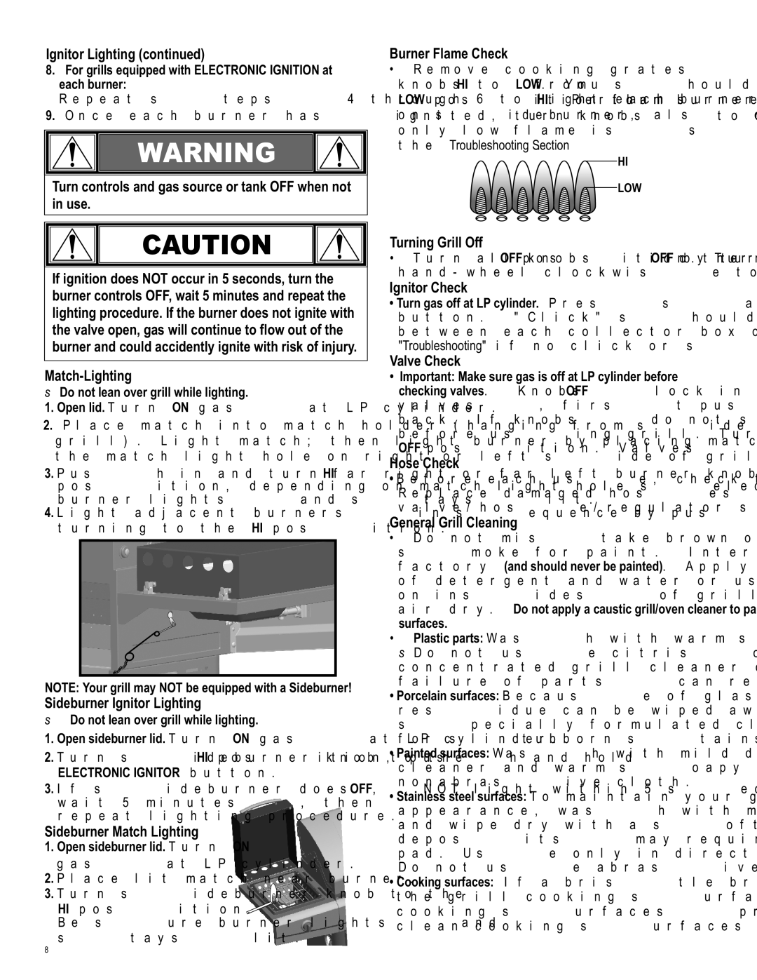 Char-Broil 463243812 manual Sideburner Ignitor Lighting, Sideburner Match Lighting, Burner Flame Check, Turning Grill Off 