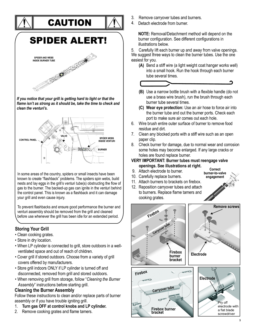 Char-Broil 463243812 Storing Your Grill, Cleaning the Burner Assembly, Very Important Burner tubes must reengage valve 