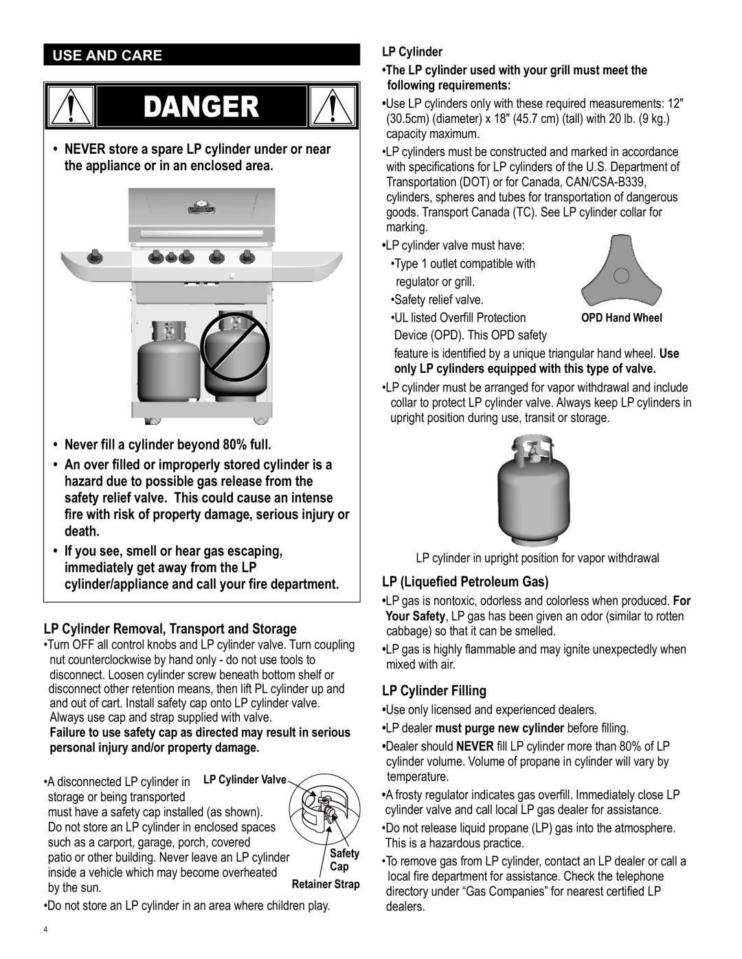 Char-Broil 463243812 manual Danger, Use And Care, LP Cylinder, UL listed Overfill Protection 