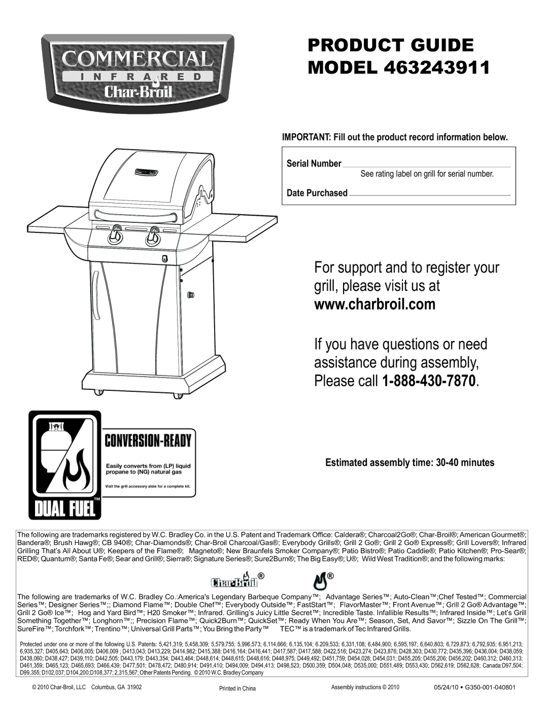 Char-Broil 463243911 manual Estimated assembly time 30-40 minutes, Date Purchased 