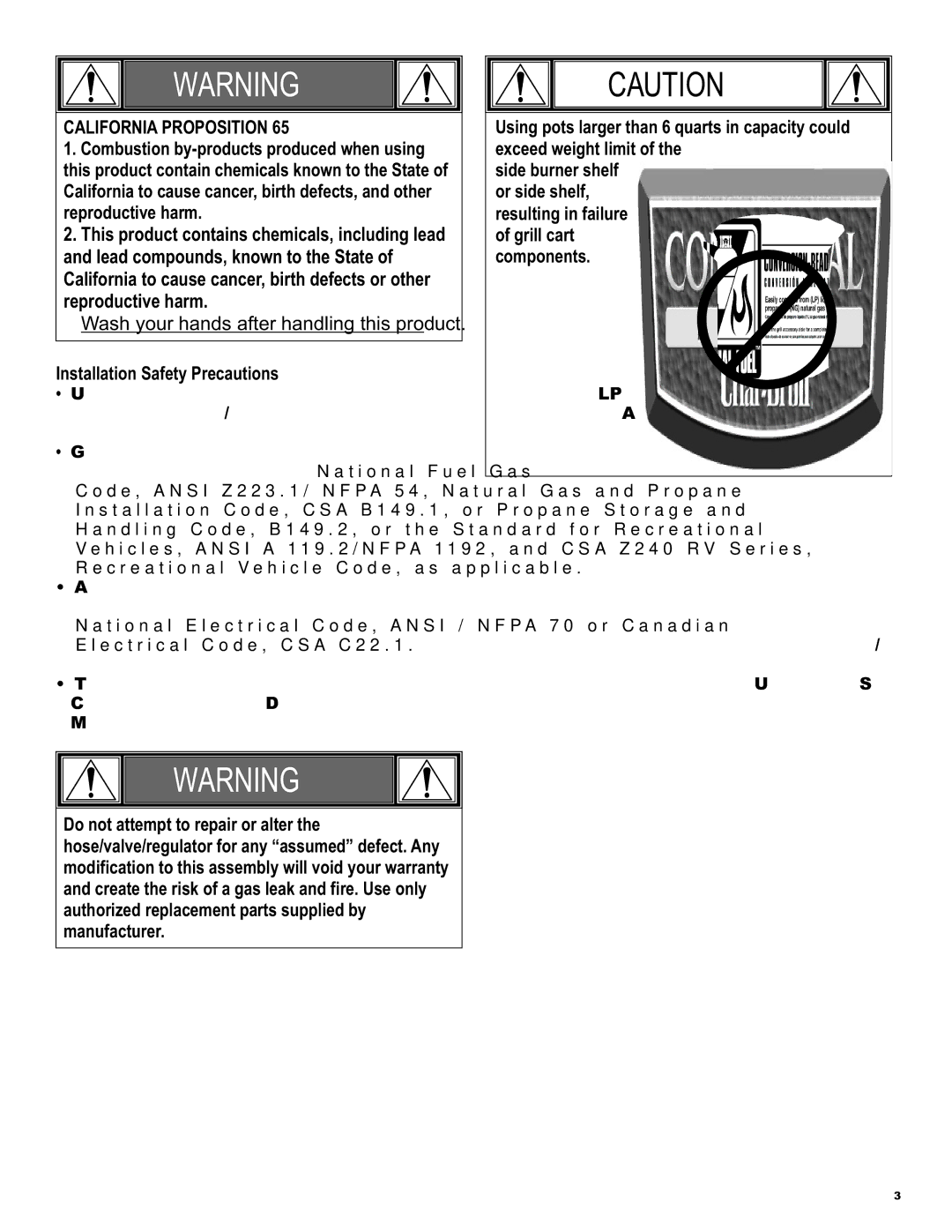 Char-Broil 463243911 manual California Proposition, Installation Safety Precautions 